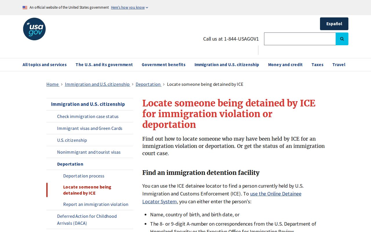 Official ICE detainee locator guidance for a Taliaferro custody transfer