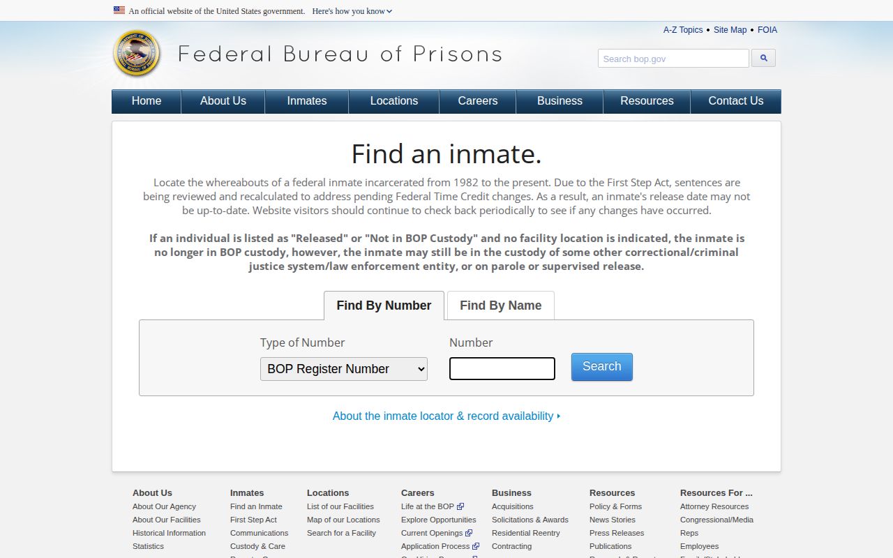Federal BOP inmate locator for a Taliaferro-connected released prisoner